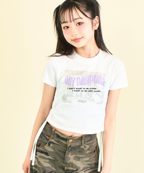 ANAP GｉRL（アナップガール）の「サイドシャーリング ロック Tシャツ（Tシャツ/カットソー・キッズ・ホワイト/杢グレー・S/M/XS）」の10枚目の写真