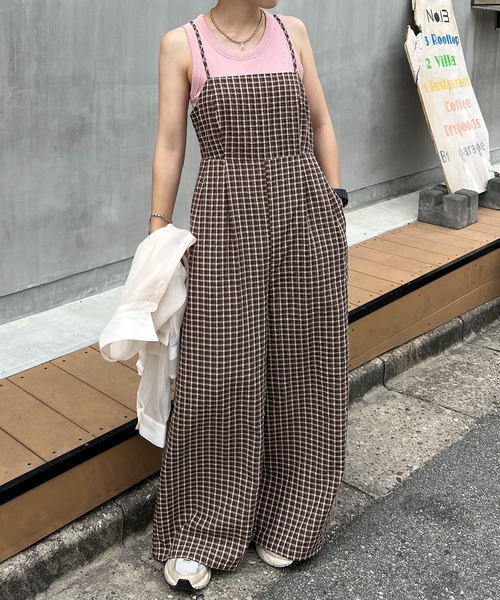 JUNOAH(ジュノア)の「バックリボンチェックロンパース(つなぎ/オールインワン・レディース・ブラウン/グリーン/オレンジ・LARGE/MEDIUM/SMALL)」の2枚目の写真