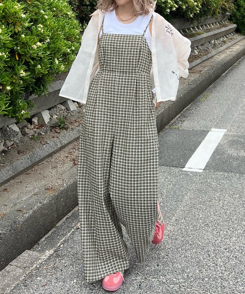 JUNOAH(ジュノア)の「バックリボンチェックロンパース(つなぎ/オールインワン・レディース・ブラウン/グリーン/オレンジ・LARGE/MEDIUM/SMALL)」の3枚目の写真