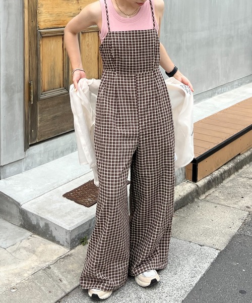JUNOAH(ジュノア)の「バックリボンチェックロンパース(つなぎ/オールインワン・レディース・ブラウン/グリーン/オレンジ・LARGE/MEDIUM/SMALL)」の12枚目の写真