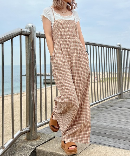 JUNOAH(ジュノア)の「バックリボンチェックロンパース(つなぎ/オールインワン・レディース・ブラウン/グリーン/オレンジ・LARGE/MEDIUM/SMALL)」の6枚目の写真