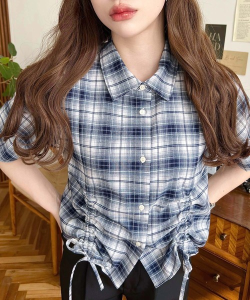 裾ドロストチェックシャツ