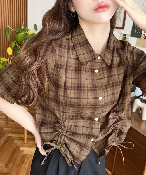 裾ドロストチェックシャツ