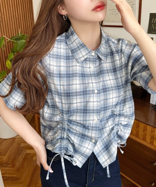 裾ドロストチェックシャツ
