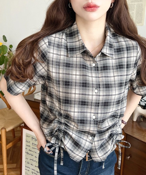 裾ドロストチェックシャツ