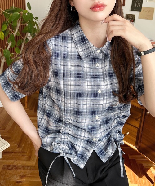 裾ドロストチェックシャツ