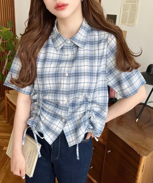 裾ドロストチェックシャツ
