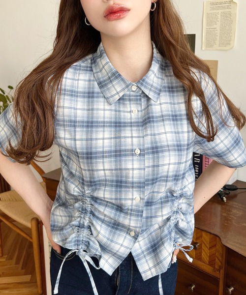 裾ドロストチェックシャツ