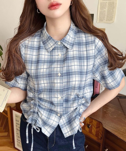裾ドロストチェックシャツ