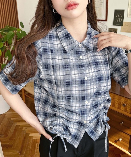 裾ドロストチェックシャツ