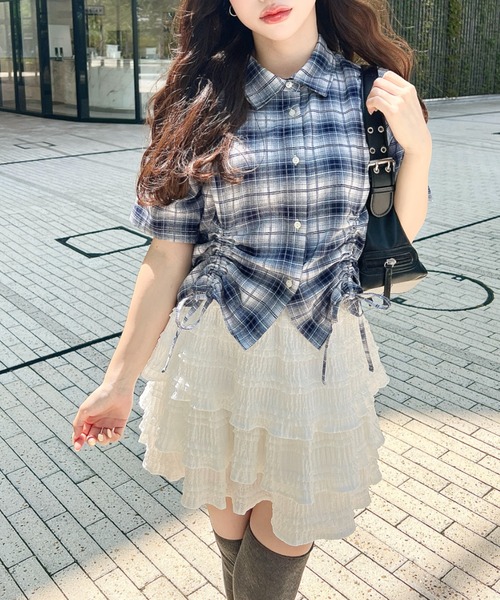 セール】裾ドロストチェックシャツ（シャツ/ブラウス）｜moment+