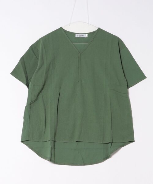 i-dare(アイディア)の「【i-dare】Vネック スキッパーデザイン 半袖 ブラウス(シャツ/ブラウス・レディース・ピンク/グリーン/ホワイト/ブラック/アイボリー・X-LARGE/LARGE/MEDIUM)」の9枚目の写真