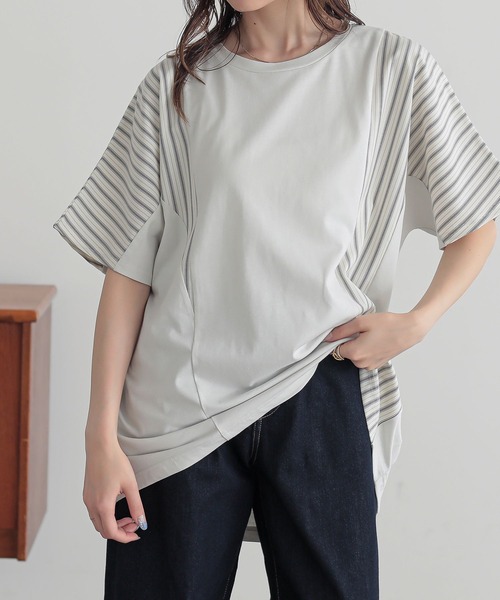 n'OrLABEL(ノアールレーベル)の「異素材切替ドルマンカットソー(Tシャツ/カットソー・レディース・アイボリー/モカ/ネイビー・FREE)」の1枚目の写真