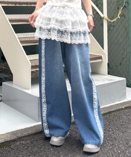 Candy Stripper（キャンディストリッパー）の「SHEER SKIRT LAYERED DENIM パンツ（デニムパンツ・レディース・ライトインディゴブルー/インディゴブルー・FREE）」の2枚目の写真