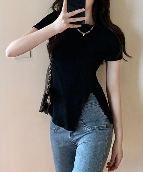 kirakiraShop(キラキラショップ)の「サイドスリット 半袖 Tシャツ(ニット/セーター・レディース・グレー/ベージュ/ブラック/ホワイト・FREE)」の10枚目の写真