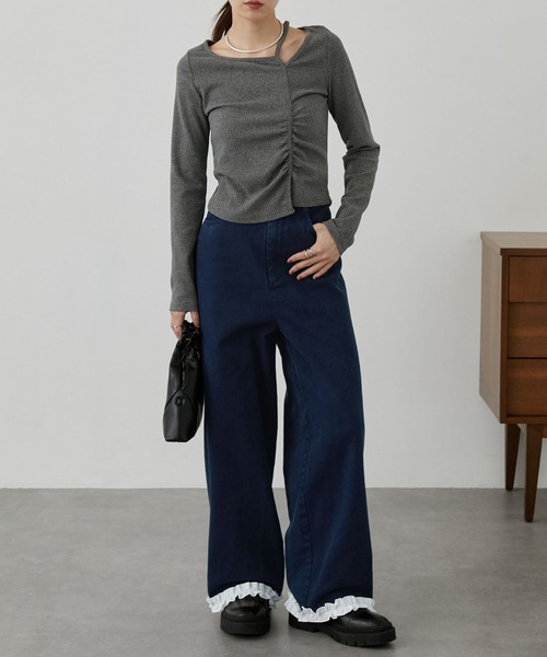 nui nullu（ヌイヌル）の「【nui nullu】ヴィンテージライクフリルデザインワイドデニムパンツ（デニムパンツ・レディース・ブラウン/ブラック/ブルー・L/M/S）」の10枚目の写真