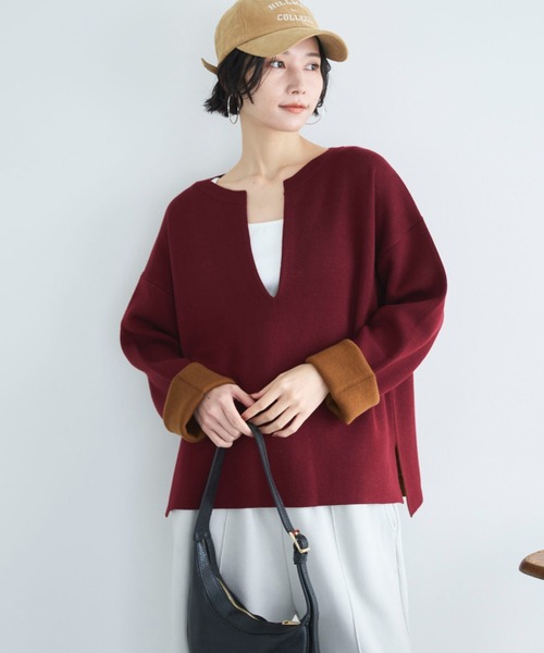 Vネック配色ニットプルオーバー