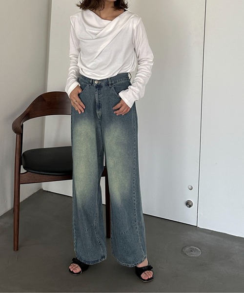 PILIT(ピリット)の「ドレープオフショルトップス(Tシャツ/カットソー・レディース・オフホワイト/杢グレー/ブラウン・MEDIUM)」の10枚目の写真