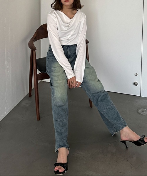 PILIT(ピリット)の「ドレープオフショルトップス(Tシャツ/カットソー・レディース・オフホワイト/杢グレー/ブラウン・MEDIUM)」の9枚目の写真