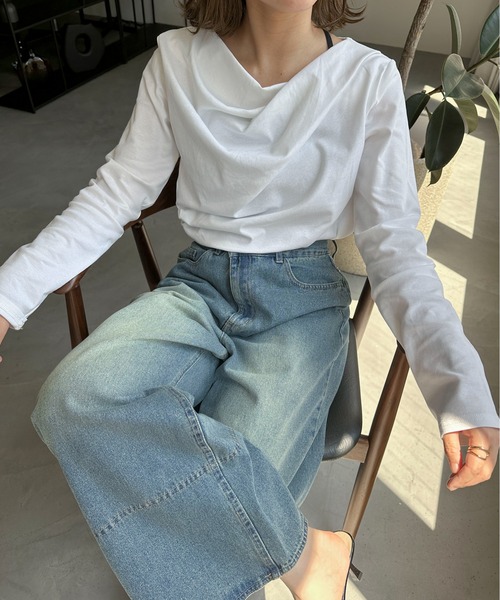 PILIT(ピリット)の「ドレープオフショルトップス(Tシャツ/カットソー・レディース・オフホワイト/杢グレー/ブラウン・MEDIUM)」の7枚目の写真