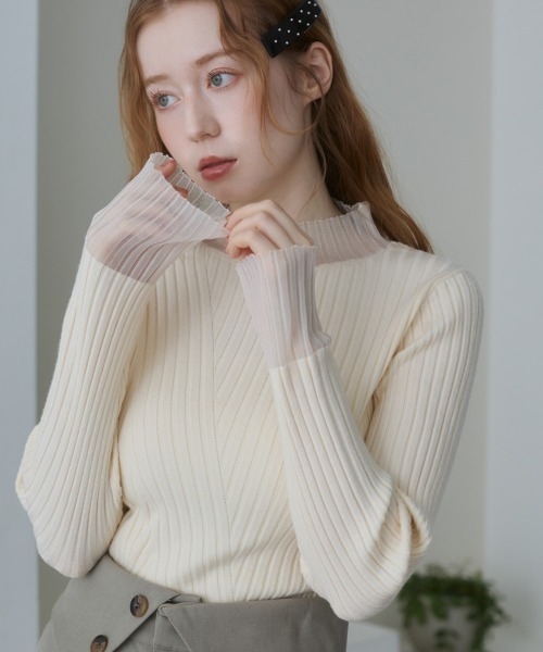 Bab（バブ）の「【ボトルネック/ラウンドネックから選べる】【20パターン】シアー使い 配色リブニットトップス（ニット/セーター・レディース・グレー系1/ブルー/ブルー系1/ベージュ系1/ベージュ/イエロー/チャコール/ブラウン系1/グレー系その他2/アイボリー系1/ブラウン/ホワイト系その他2/ブラック系その他2/グレー系その他/イエロー系1/ブラック系1/ブラック/アイボリー/ホワイト系その他/ブラック系その他・FREE）」の16枚目の写真