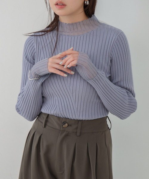 Bab（バブ）の「【ボトルネック/ラウンドネックから選べる】【20パターン】シアー使い 配色リブニットトップス（ニット/セーター・レディース・グレー系1/ブルー/ブルー系1/ベージュ系1/ベージュ/イエロー/チャコール/ブラウン系1/グレー系その他2/アイボリー系1/ブラウン/ホワイト系その他2/ブラック系その他2/グレー系その他/イエロー系1/ブラック系1/ブラック/アイボリー/ホワイト系その他/ブラック系その他・FREE）」の18枚目の写真