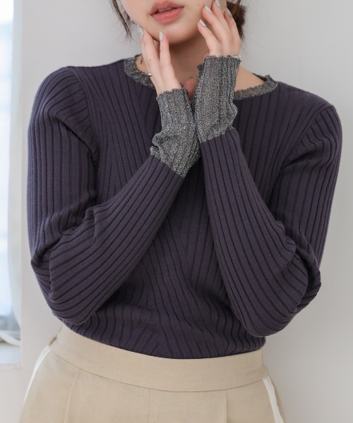 Bab（バブ）の「【ボトルネック/ラウンドネックから選べる】【20パターン】シアー使い 配色リブニットトップス（ニット/セーター・レディース・グレー系1/ブルー/ブルー系1/ベージュ系1/ベージュ/イエロー/チャコール/ブラウン系1/グレー系その他2/アイボリー系1/ブラウン/ホワイト系その他2/ブラック系その他2/グレー系その他/イエロー系1/ブラック系1/ブラック/アイボリー/ホワイト系その他/ブラック系その他・FREE）」の9枚目の写真