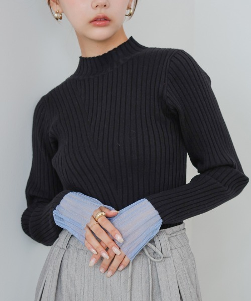 Bab（バブ）の「【ボトルネック/ラウンドネックから選べる】【20パターン】シアー使い 配色リブニットトップス（ニット/セーター・レディース・グレー系1/ブルー/ブルー系1/ベージュ系1/ベージュ/イエロー/チャコール/ブラウン系1/グレー系その他2/アイボリー系1/ブラウン/ホワイト系その他2/ブラック系その他2/グレー系その他/イエロー系1/ブラック系1/ブラック/アイボリー/ホワイト系その他/ブラック系その他・FREE）」の6枚目の写真