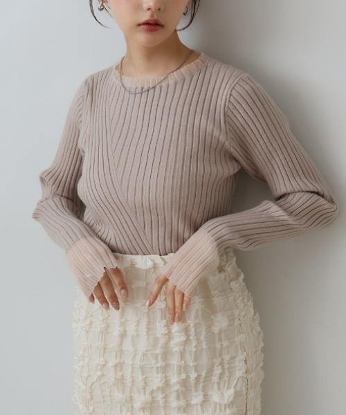 Bab（バブ）の「【ボトルネック/ラウンドネックから選べる】【20パターン】シアー使い 配色リブニットトップス（ニット/セーター・レディース・グレー系1/ブルー/ブルー系1/ベージュ系1/ベージュ/イエロー/チャコール/ブラウン系1/グレー系その他2/アイボリー系1/ブラウン/ホワイト系その他2/ブラック系その他2/グレー系その他/イエロー系1/ブラック系1/ブラック/アイボリー/ホワイト系その他/ブラック系その他・FREE）」の14枚目の写真