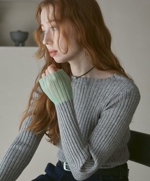 Bab | 【ボトルネック/ラウンドネックから選べる】【20パターン】シアー使い 配色リブニットトップス(ニット/セーター)