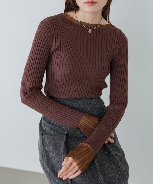 Bab（バブ）の「【ボトルネック/ラウンドネックから選べる】【20パターン】シアー使い 配色リブニットトップス（ニット/セーター・レディース・グレー系1/ブルー/ブルー系1/ベージュ系1/ベージュ/イエロー/チャコール/ブラウン系1/グレー系その他2/アイボリー系1/ブラウン/ホワイト系その他2/ブラック系その他2/グレー系その他/イエロー系1/ブラック系1/ブラック/アイボリー/ホワイト系その他/ブラック系その他・FREE）」の12枚目の写真