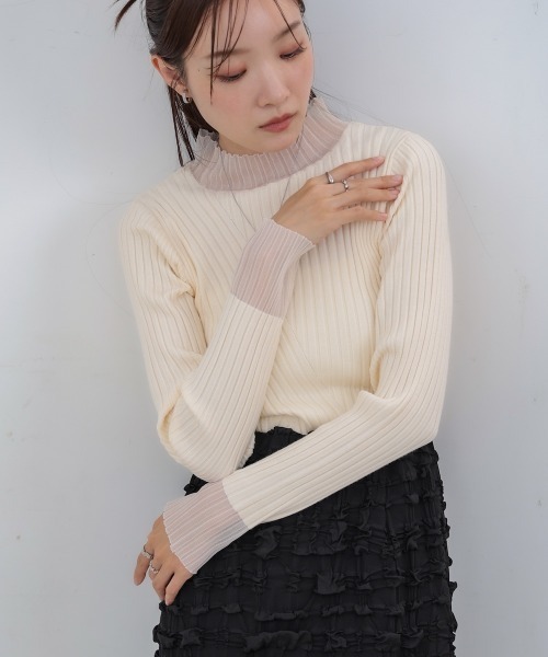 Bab（バブ）の「【ボトルネック/ラウンドネックから選べる】【20パターン】シアー使い 配色リブニットトップス（ニット/セーター・レディース・グレー系1/ブルー/ブルー系1/ベージュ系1/ベージュ/イエロー/チャコール/ブラウン系1/グレー系その他2/アイボリー系1/ブラウン/ホワイト系その他2/ブラック系その他2/グレー系その他/イエロー系1/ブラック系1/ブラック/アイボリー/ホワイト系その他/ブラック系その他・FREE）」の21枚目の写真