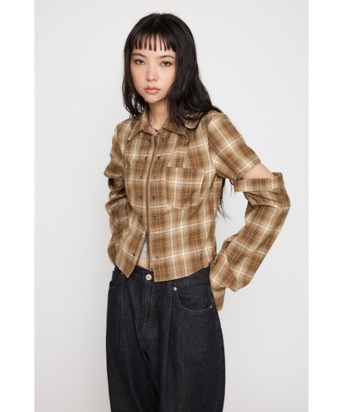 LAGUA GEM(ラグアジェム)の「2WAY COMPACT CHECK シャツ(シャツ/ブラウス・レディース・ベージュ/ブラック・FREE)」の4枚目の写真