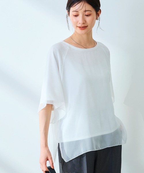 CROSS FUNCTION（クロスファンクション）の「《マシンウォッシャブル》エブ楽 シフォンレイヤードトップス【CROSS FUNCTION/クロスファンクション】（Tシャツ/カットソー・レディース・ブラック/オフホワイト・M/LL/L）」の2枚目の写真