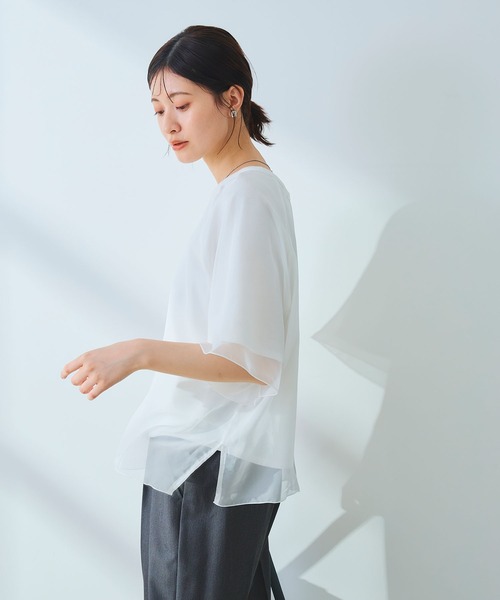 CROSS FUNCTION（クロスファンクション）の「《マシンウォッシャブル》エブ楽 シフォンレイヤードトップス【CROSS FUNCTION/クロスファンクション】（Tシャツ/カットソー・レディース・ブラック/オフホワイト・M/LL/L）」の18枚目の写真