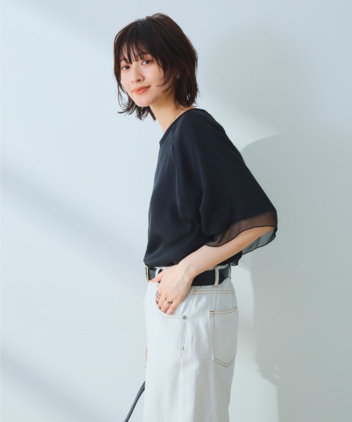 CROSS FUNCTION（クロスファンクション）の「《マシンウォッシャブル》エブ楽 シフォンレイヤードトップス【CROSS FUNCTION/クロスファンクション】（Tシャツ/カットソー・レディース・ブラック/オフホワイト・M/LL/L）」の9枚目の写真