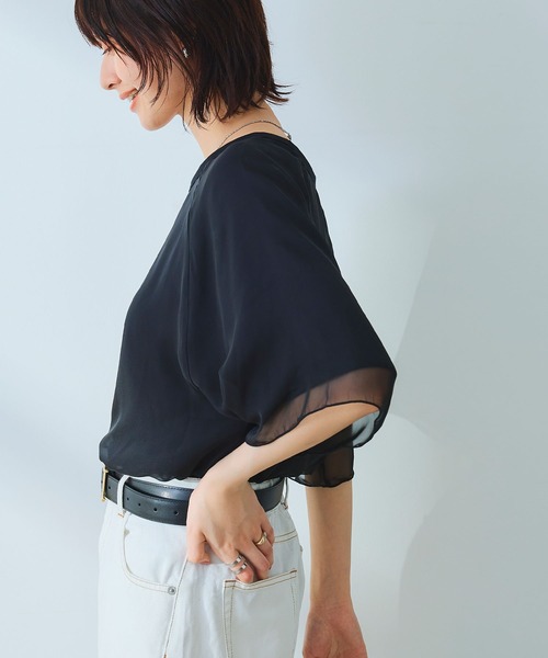 CROSS FUNCTION（クロスファンクション）の「《マシンウォッシャブル》エブ楽 シフォンレイヤードトップス【CROSS FUNCTION/クロスファンクション】（Tシャツ/カットソー・レディース・ブラック/オフホワイト・M/LL/L）」の6枚目の写真