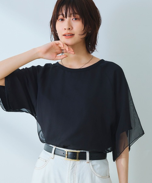 CROSS FUNCTION（クロスファンクション）の「《マシンウォッシャブル》エブ楽 シフォンレイヤードトップス【CROSS FUNCTION/クロスファンクション】（Tシャツ/カットソー・レディース・ブラック/オフホワイト・M/LL/L）」の4枚目の写真