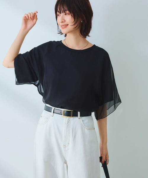 CROSS FUNCTION（クロスファンクション）の「《マシンウォッシャブル》エブ楽 シフォンレイヤードトップス【CROSS FUNCTION/クロスファンクション】（Tシャツ/カットソー・レディース・ブラック/オフホワイト・M/LL/L）」の7枚目の写真