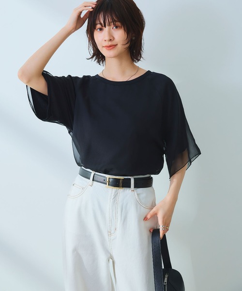 CROSS FUNCTION（クロスファンクション）の「《マシンウォッシャブル》エブ楽 シフォンレイヤードトップス【CROSS FUNCTION/クロスファンクション】（Tシャツ/カットソー・レディース・ブラック/オフホワイト・M/LL/L）」の8枚目の写真