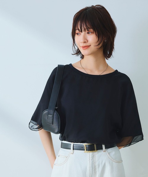 CROSS FUNCTION（クロスファンクション）の「《マシンウォッシャブル》エブ楽 シフォンレイヤードトップス【CROSS FUNCTION/クロスファンクション】（Tシャツ/カットソー・レディース・ブラック/オフホワイト・M/LL/L）」の5枚目の写真