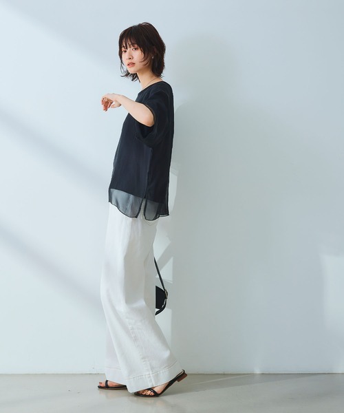 CROSS FUNCTION（クロスファンクション）の「《マシンウォッシャブル》エブ楽 シフォンレイヤードトップス【CROSS FUNCTION/クロスファンクション】（Tシャツ/カットソー・レディース・ブラック/オフホワイト・M/LL/L）」の12枚目の写真