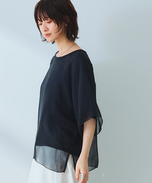 CROSS FUNCTION（クロスファンクション）の「《マシンウォッシャブル》エブ楽 シフォンレイヤードトップス【CROSS FUNCTION/クロスファンクション】（Tシャツ/カットソー・レディース・ブラック/オフホワイト・M/LL/L）」の3枚目の写真