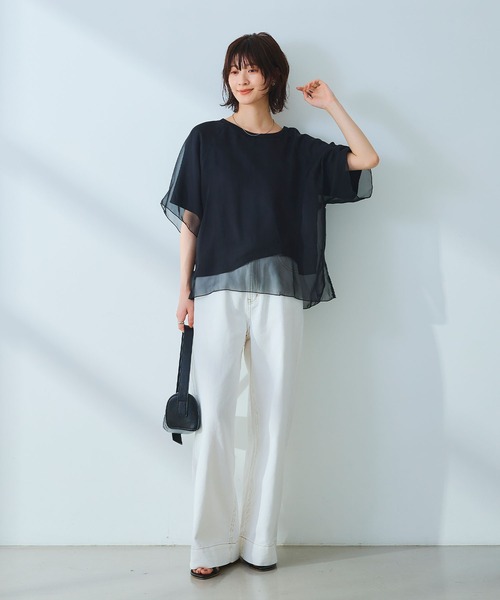 CROSS FUNCTION（クロスファンクション）の「《マシンウォッシャブル》エブ楽 シフォンレイヤードトップス【CROSS FUNCTION/クロスファンクション】（Tシャツ/カットソー・レディース・ブラック/オフホワイト・M/LL/L）」の10枚目の写真
