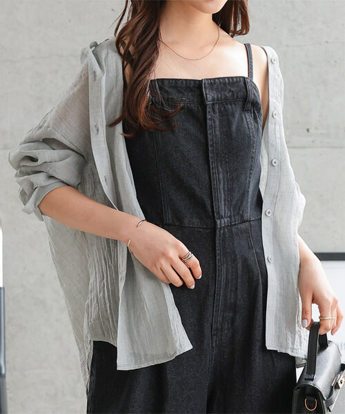 Petitle（プチレ）の「[ 低身長向けサイズ ] シアーガーゼロングシャツパーカー（シャツ/ブラウス・レディース・ライトベージュ/ブラック/オフホワイト/ブルー/グレー・PM）」の3枚目の写真