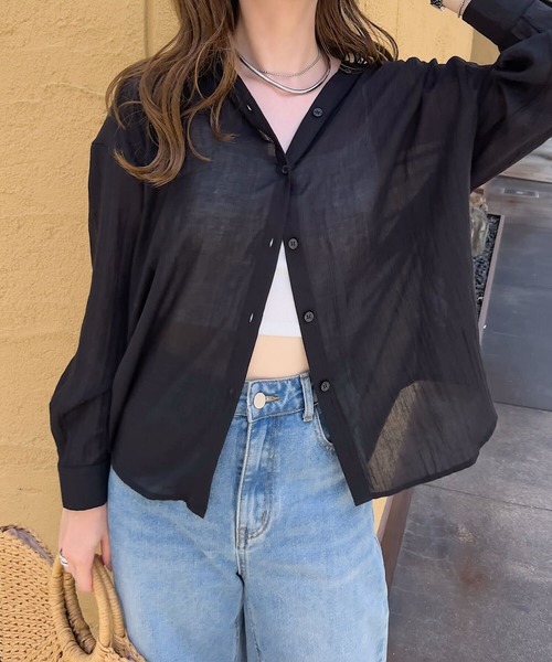 Petitle（プチレ）の「[ 低身長向けサイズ ] シアーガーゼロングシャツパーカー（シャツ/ブラウス・レディース・ライトベージュ/ブラック/オフホワイト/ブルー/グレー・PM）」の21枚目の写真