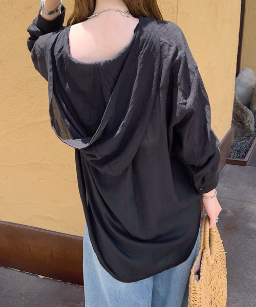 Petitle（プチレ）の「[ 低身長向けサイズ ] シアーガーゼロングシャツパーカー（シャツ/ブラウス・レディース・ライトベージュ/ブラック/オフホワイト/ブルー/グレー・PM）」の22枚目の写真