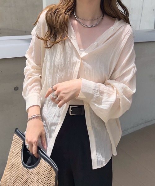 Petitle（プチレ）の「[ 低身長向けサイズ ] シアーガーゼロングシャツパーカー（シャツ/ブラウス・レディース・ライトベージュ/ブラック/オフホワイト/ブルー/グレー・PM）」の16枚目の写真