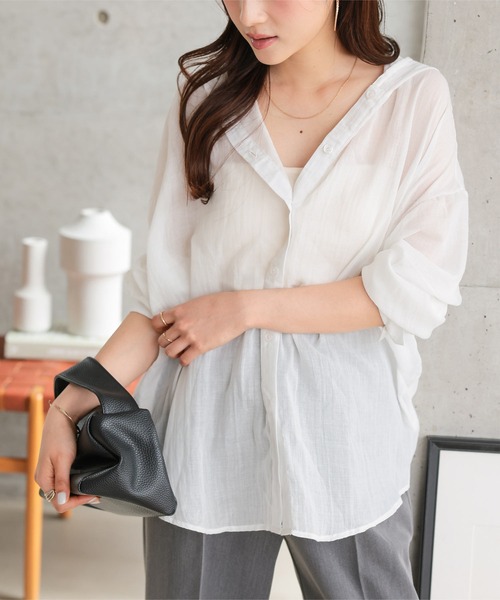 Petitle（プチレ）の「[ 低身長向けサイズ ] シアーガーゼロングシャツパーカー（シャツ/ブラウス・レディース・ライトベージュ/ブラック/オフホワイト/ブルー/グレー・PM）」の20枚目の写真