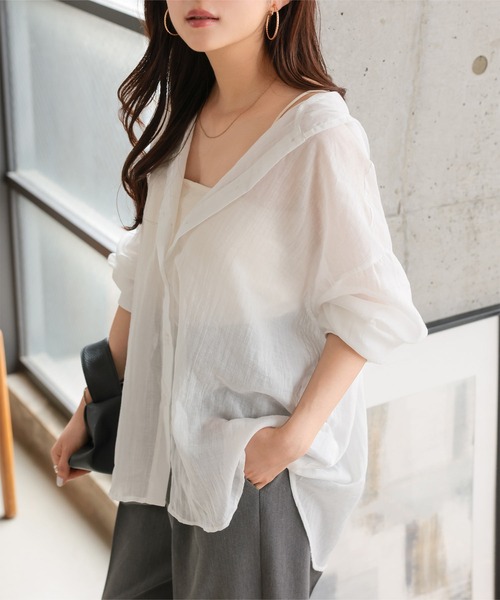 Petitle（プチレ）の「[ 低身長向けサイズ ] シアーガーゼロングシャツパーカー（シャツ/ブラウス・レディース・ライトベージュ/ブラック/オフホワイト/ブルー/グレー・PM）」の18枚目の写真